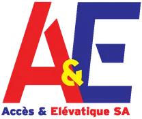 Logo d'Accès & Elévatique SA : A rouge, E bleu, jaune et blanc. Texte : « Accès & Elévatique SA ».