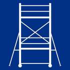 Contour blanc d'un échafaudage roulant sur fond bleu.