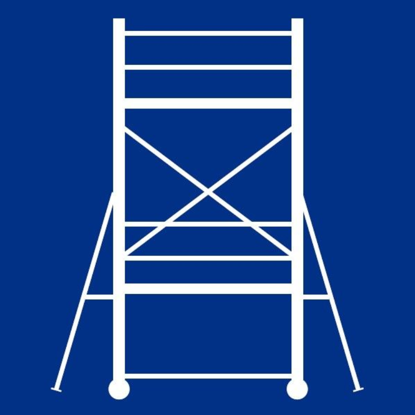 Contour blanc d'un échafaudage roulant sur fond bleu.