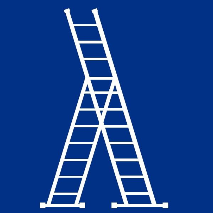 Échelles blanches croisées formant un « A » sur fond bleu.