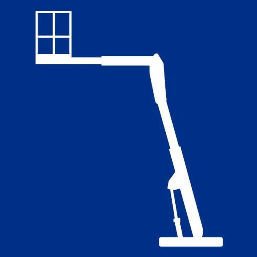 Panneau bleu avec nacelle élévatrice blanche s'étendant vers la gauche ; pour travaux aériens.