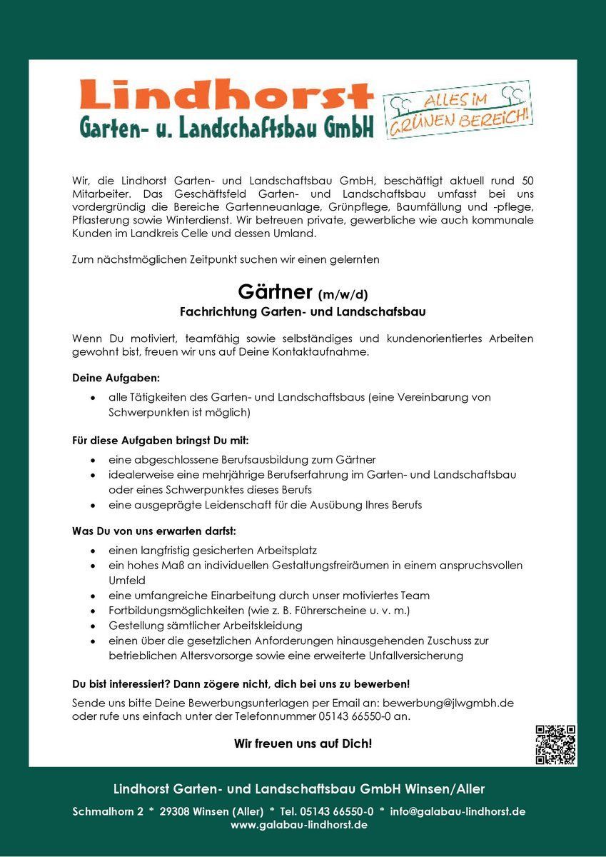 Stellenanzeige: Gärtner – Fachrichtung Garten- & Landschaftsbau (m/w/d)