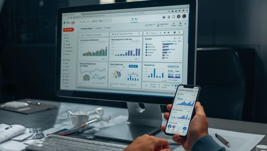 Person, die das Analyse-Dashboard auf dem Computer und Mobiltelefon überprüft.