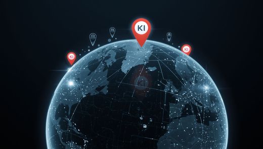 Ein Globus mit Stecknadelmarkierungen und einem Netzwerk verbundener Knoten, der die globale Datenverteilung anzeigt.