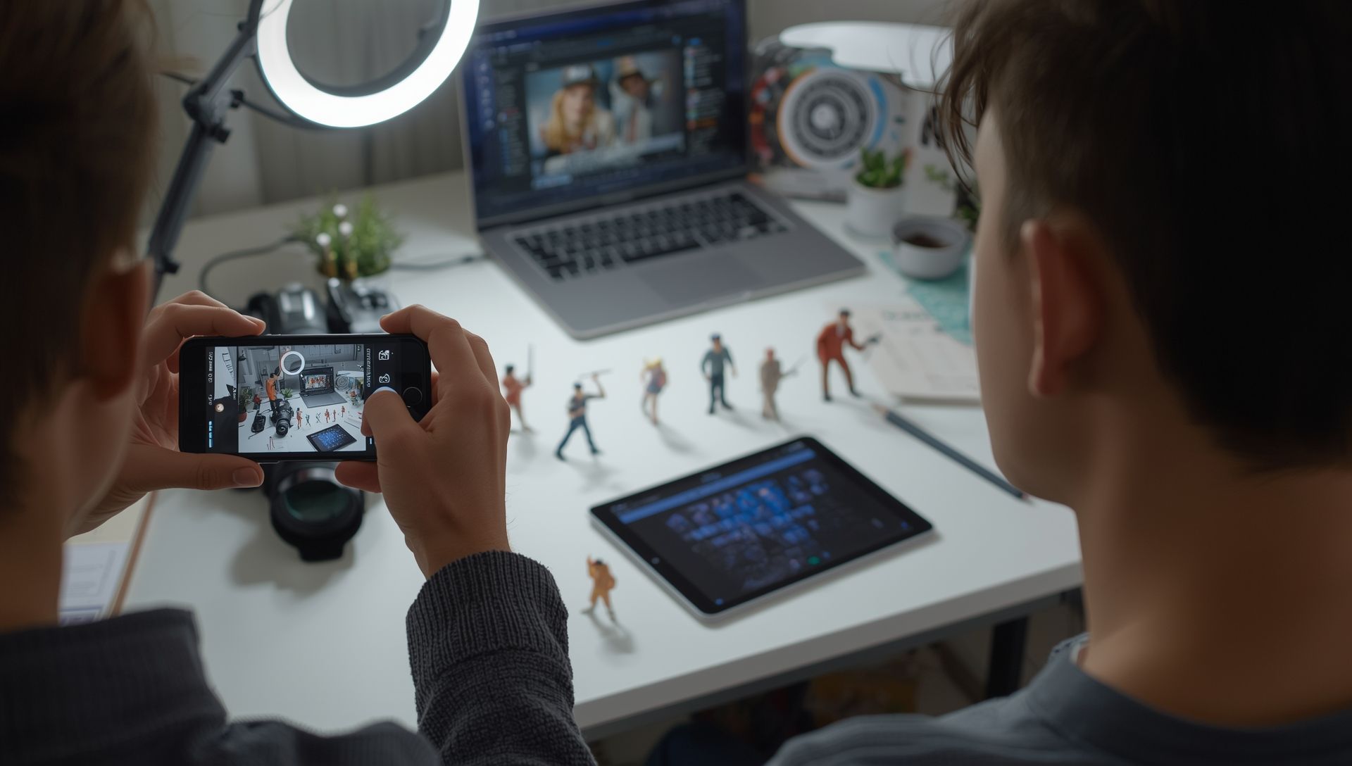 Zwei Personen filmen Spielzeugfiguren auf einem Schreibtisch mit Laptop, Tablet und Ringlicht.