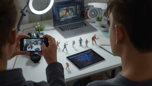 Zwei Personen filmen Spielzeugfiguren auf einem Schreibtisch mit Laptop, Tablet und Ringlicht.