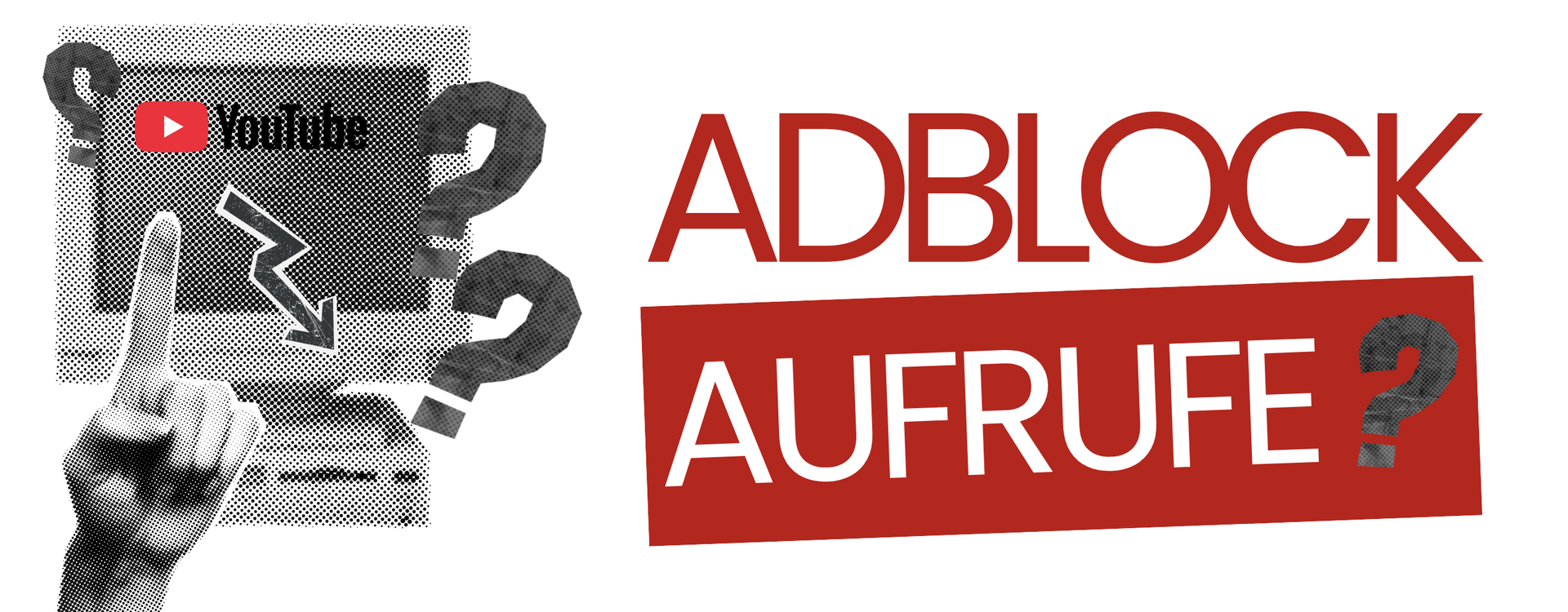 Die Verwendung des YouTube-Adblocks wird in Frage gestellt. Ein Finger zeigt auf ein YouTube-Logo, umgeben von Fragezeichen.