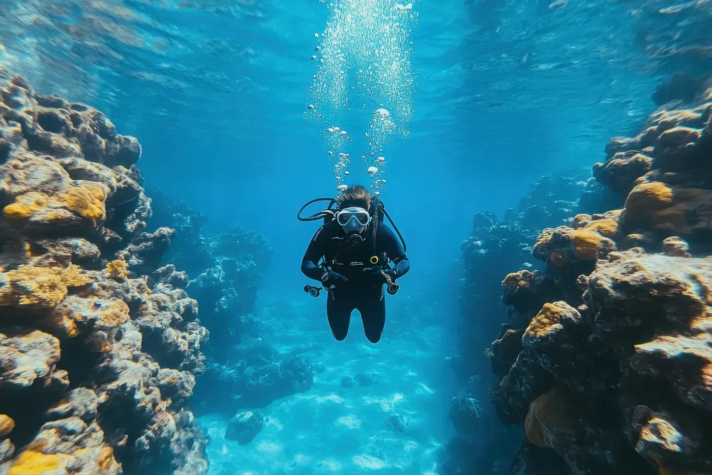 Un buceador está nadando a través de un arrecife de coral en el océano.