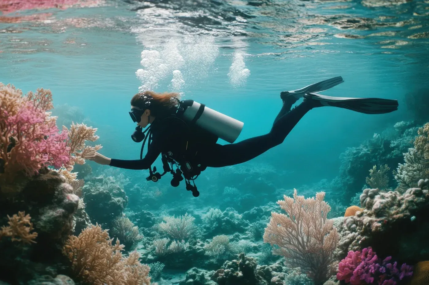 Un buceador está nadando en el océano cerca de un arrecife de coral.