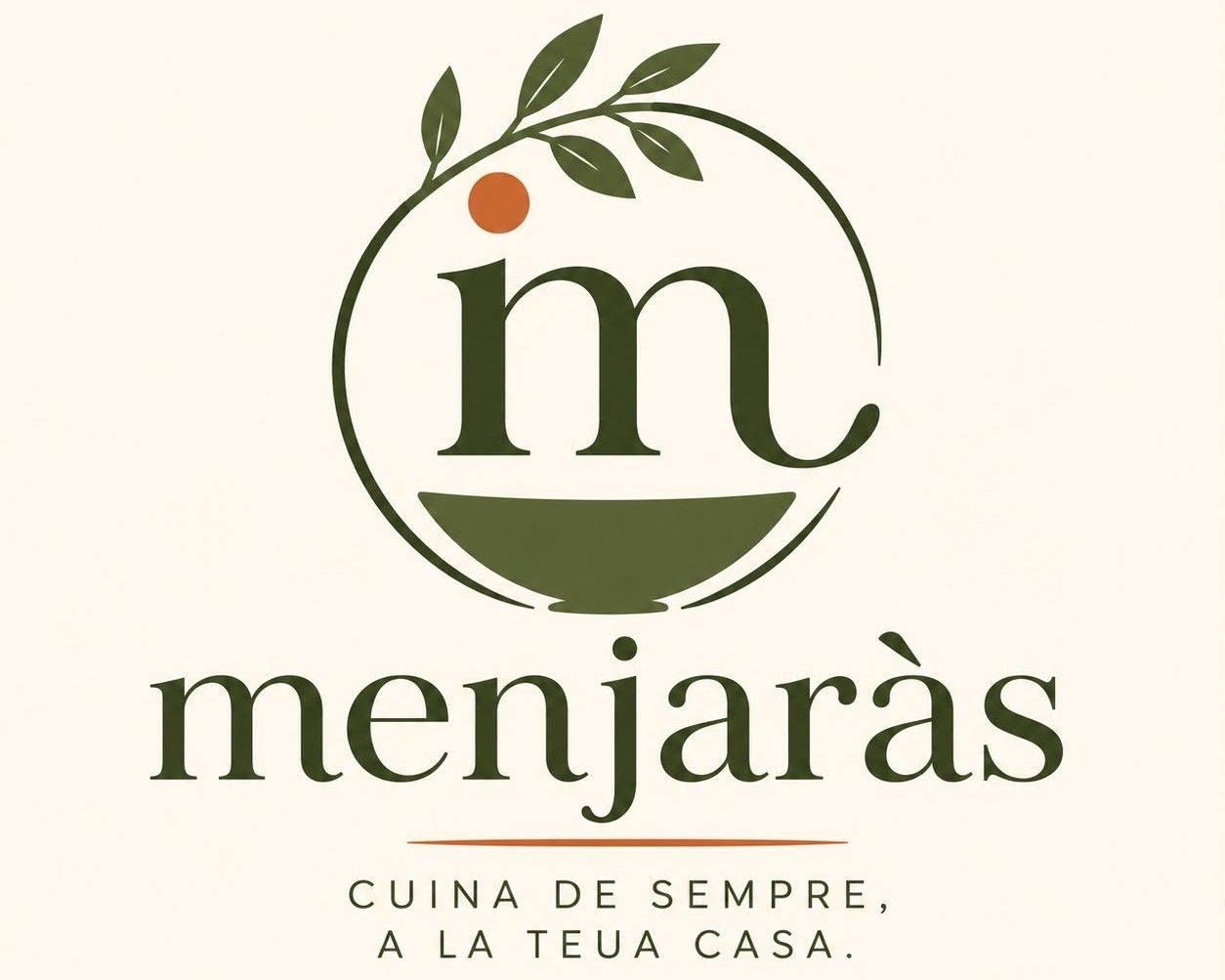 Logotipo de Menjaràs con una «m» verde estilizada , una rama de olivo y el eslogan «Cuina de sempre, a la teua casa»