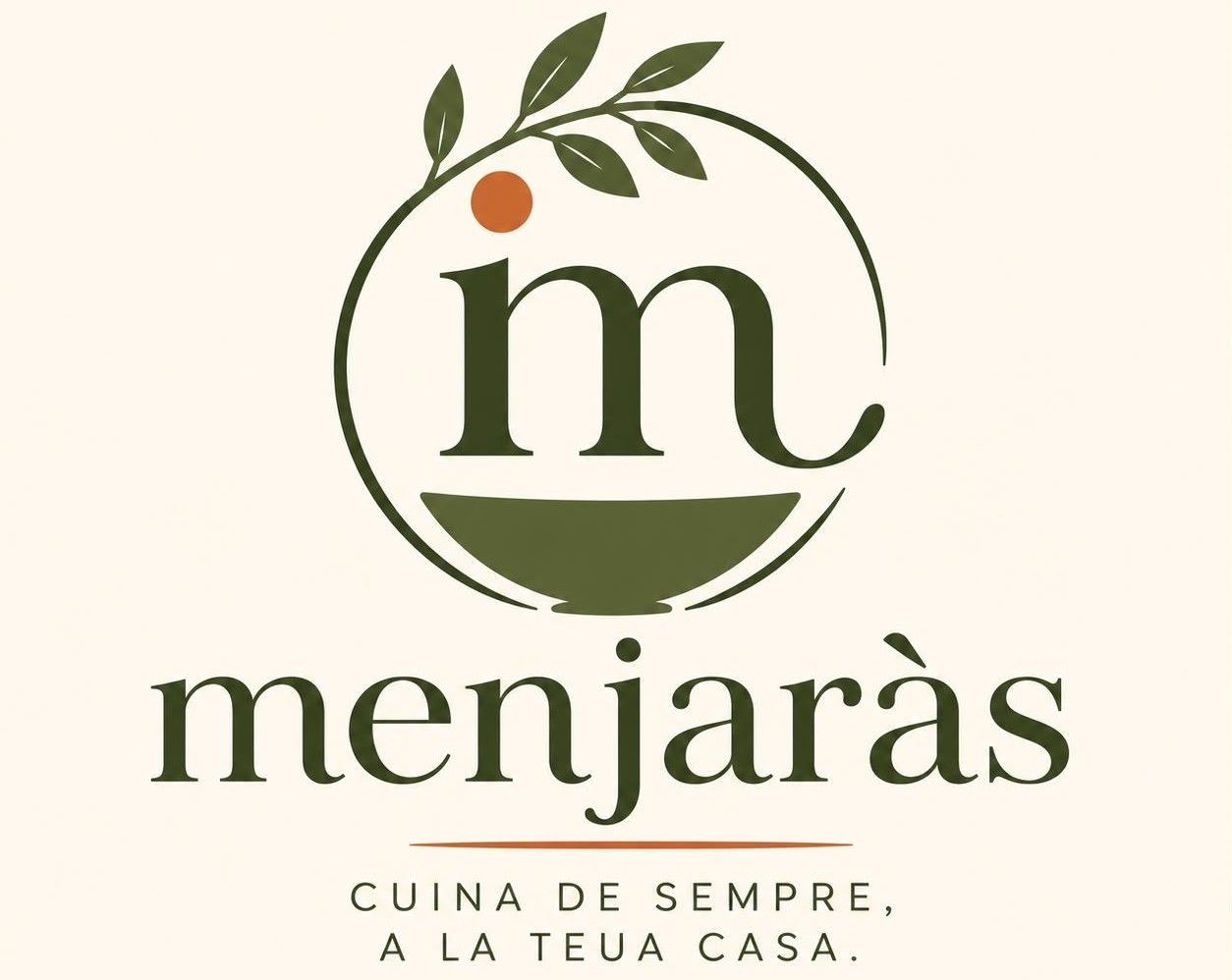 Logotipo de Menjaràs con una «m» verde estilizada , una rama de olivo y el eslogan «Cuina de sempre, a la teua casa»