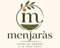 Logotipo de Menjaràs con una «m» verde estilizada , una rama de olivo y el eslogan «Cuina de sempre, a la teua casa»