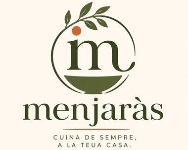 Logotipo de Menjaràs con una «m» verde estilizada , una rama de olivo y el eslogan «Cuina de sempre, a la teua casa»
