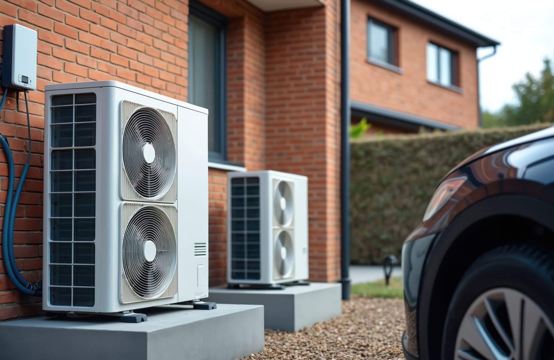 Unité de climatisation, grille noire et panneaux gris, sur une base en béton, montée sur des pieds en métal, à l'extérieur.