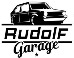 Un logo noir et blanc pour le garage Rudolf avec une voiture dessus.