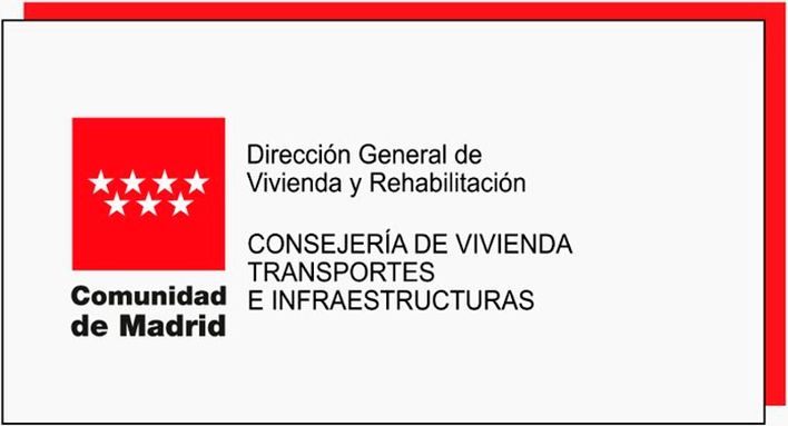 Logo of Comunidad de Madrid, with red square and stars, text: Dirección General de Vivienda y Rehabilitación.