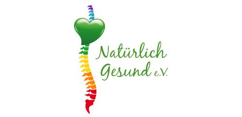 Logo mit einem in Regenbogenfarben gehaltenen Rücken, der in einem grünen Herz endet, mit Text 