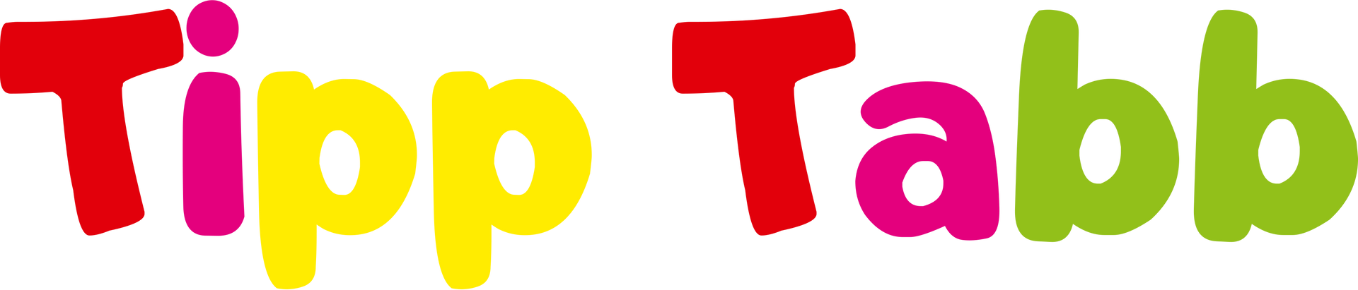 Das „Tipp Tabb“-Logo. Text in Rot, Rosa, Gelb und Grün.