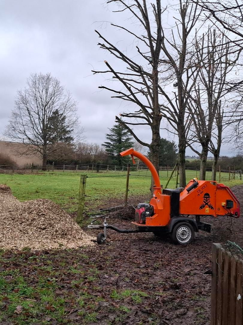 Broyeur de branches orange sur un sol boueux près d'arbres, tas de copeaux de bois visible.
