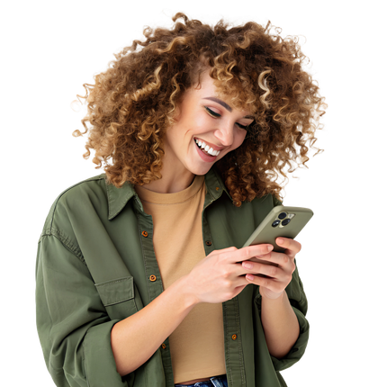Une femme aux cheveux bouclés sourit en regardant son téléphone. Elle porte une veste verte et une chemise beige.