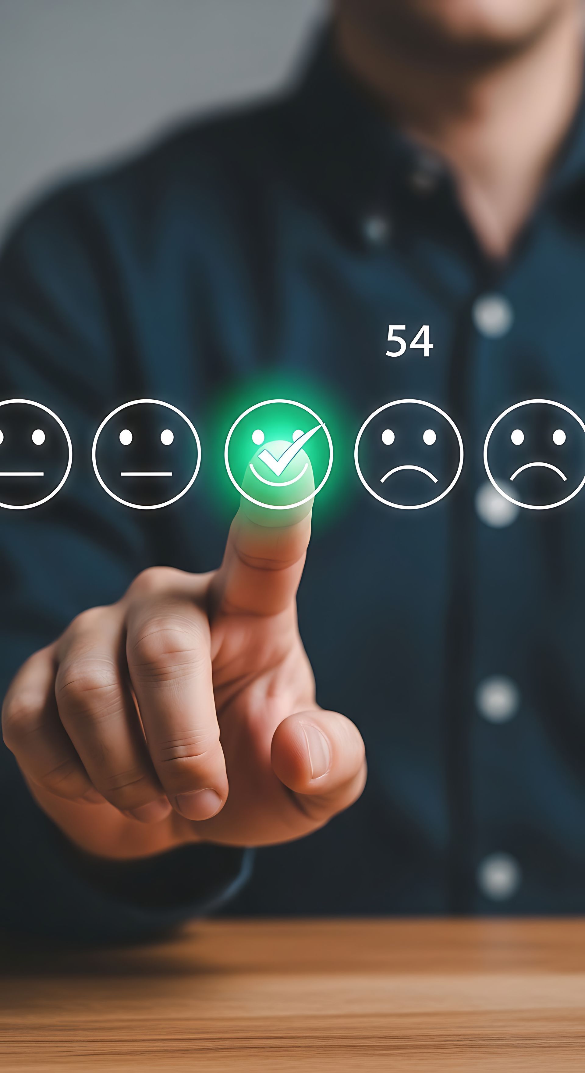 Personne sélectionnant une icône de satisfaction. Interface numérique avec échelle d'émoticônes sur surface en bois.