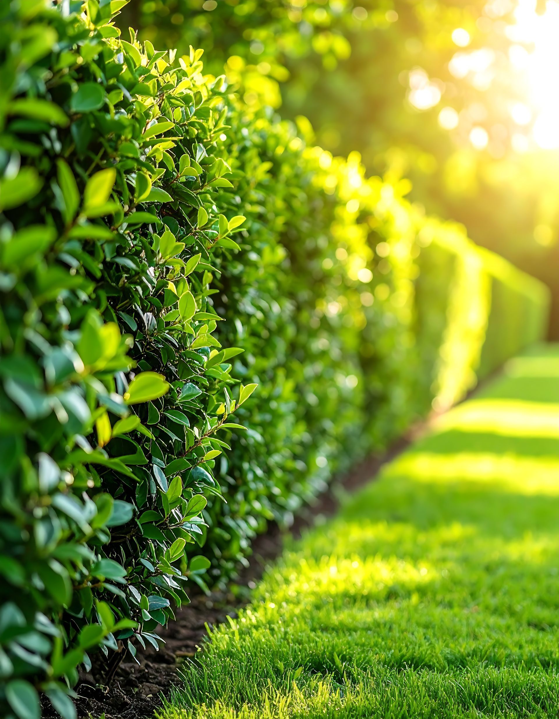 Une haie verte baignée de soleil projette son ombre sur la pelouse verte adjacente.