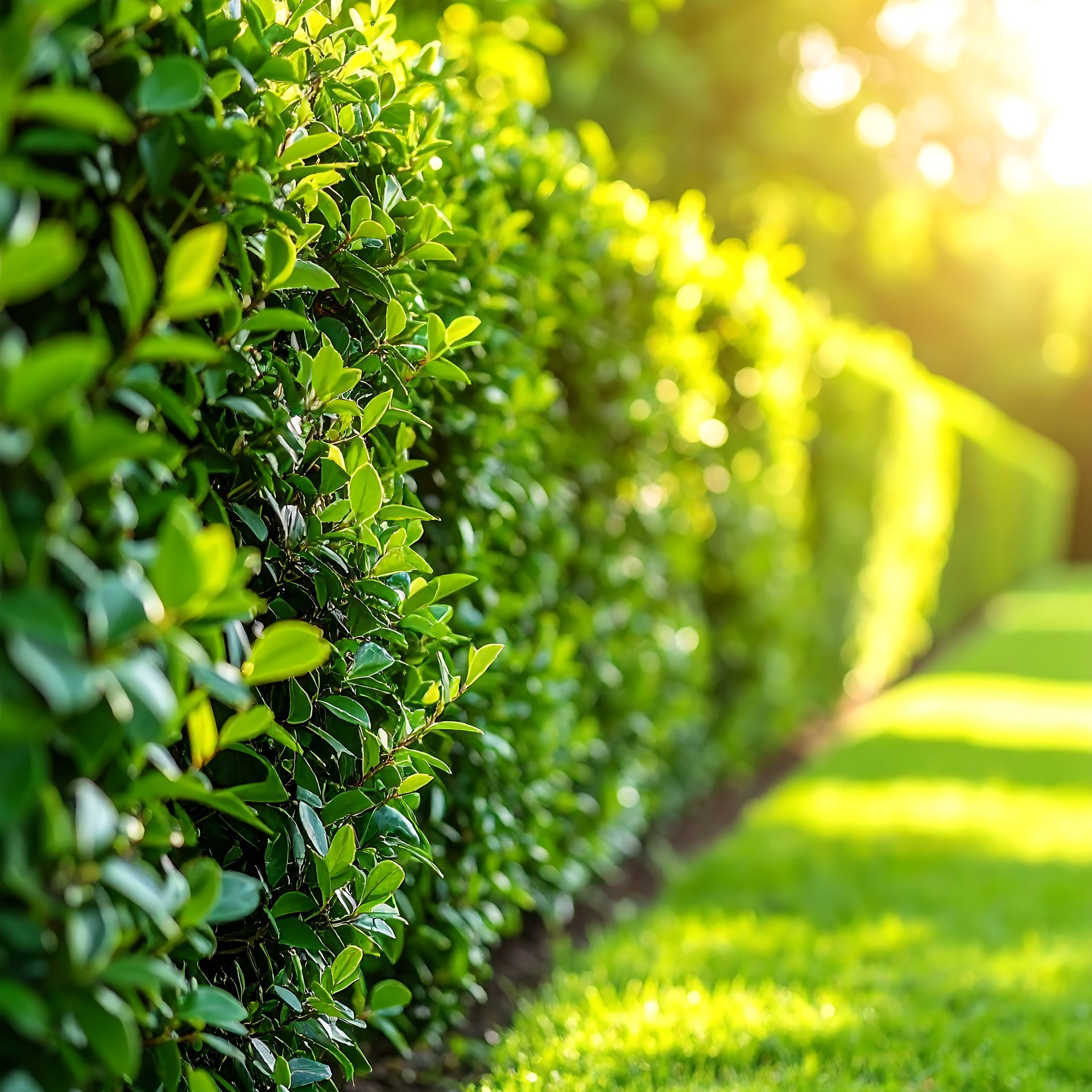 Une haie verte baignée de soleil projette des ombres sur la pelouse.
