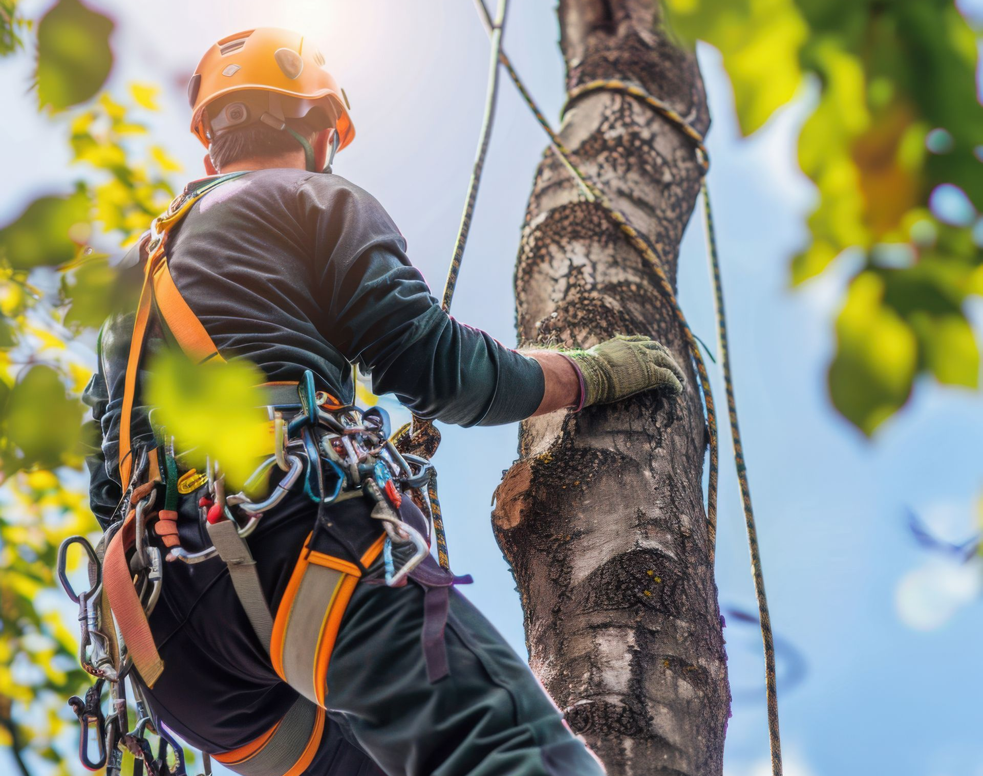 Un arboriste grimpe à un arbre, portant un harnais de sécurité et un casque.