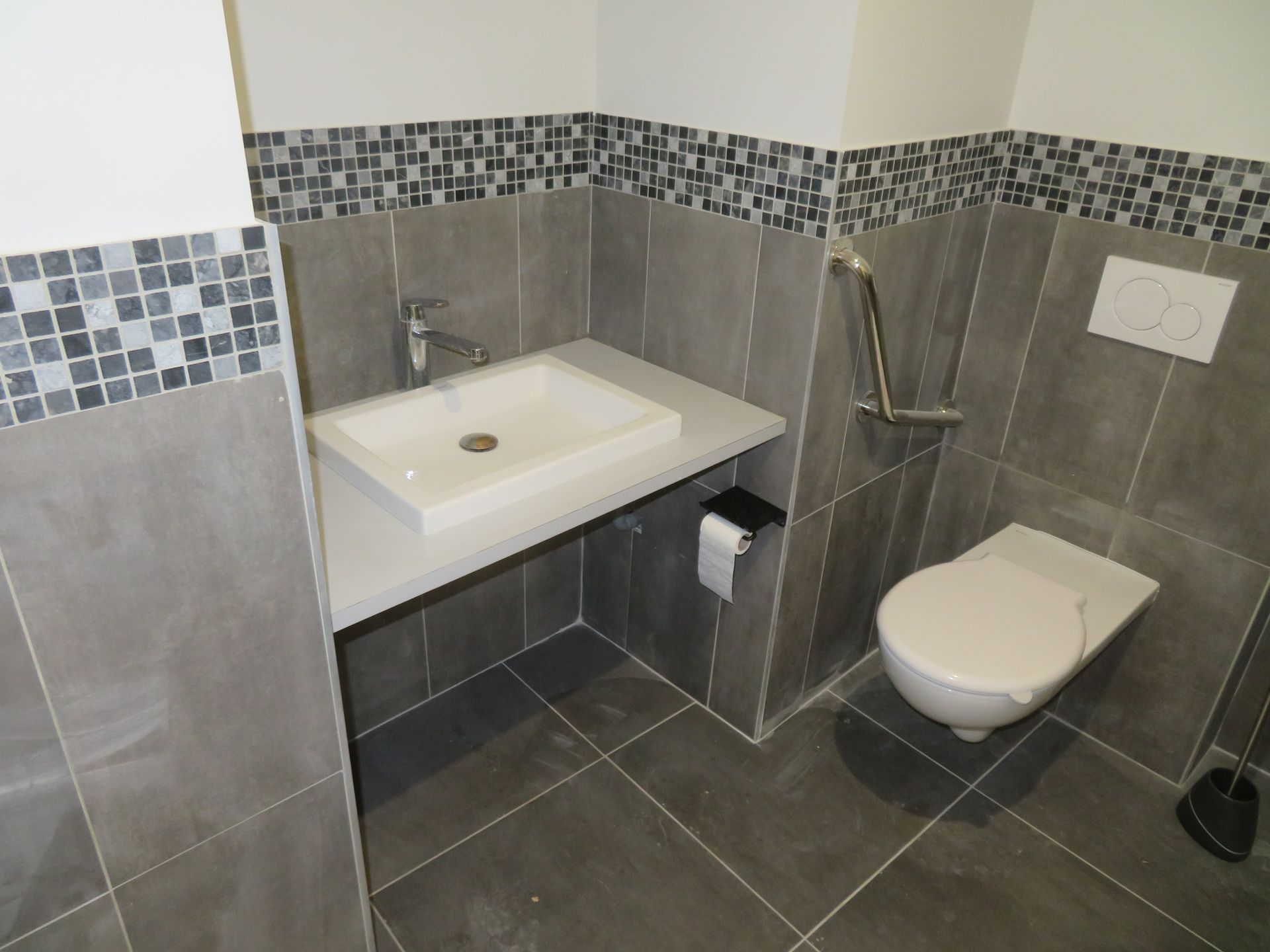 Salle de bains avec toilettes et lavabo