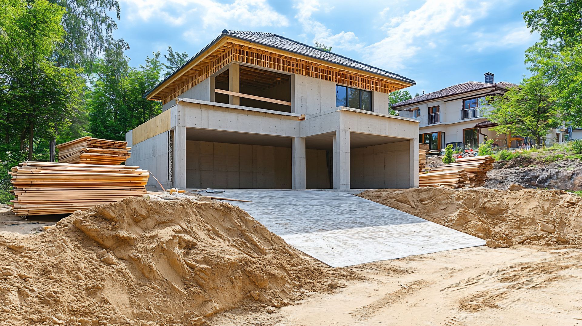 Maison à deux étages en construction, murs en béton, charpente en bois, garage pour deux voitures, terre et sable au premier plan.