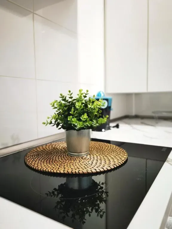 Una pequeña planta en maceta sobre un mantel tejido encima de una estufa negra en una cocina blanca.