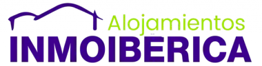 Logotipo de Inmoibérica, empresa inmobiliaria. Texto morado, texto verde "Alojamientos", gráfico de la casa.