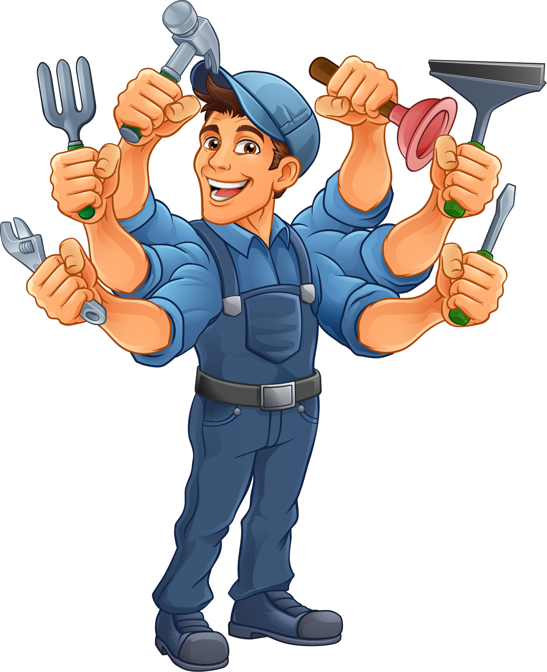 Un bricoleur de dessin animé jonglant avec plusieurs outils, vêtu d'une salopette et d'une casquette bleues.