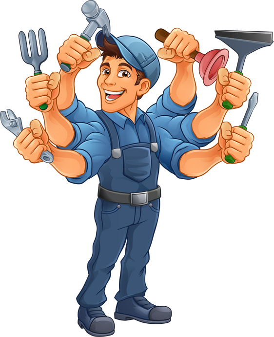 Un bricoleur de dessin animé jonglant avec plusieurs outils, vêtu d'une salopette et d'une casquette bleues.