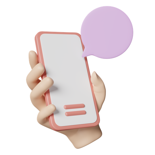 Main tenant un smartphone rose avec une bulle de chat violette.