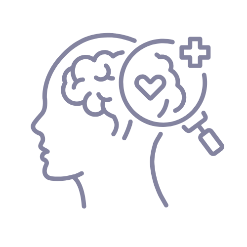 Esquema de una cabeza con cerebro, corazón y lupa con signo más para la salud mental.