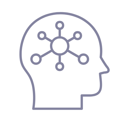 Silueta de cabeza con una red central de círculos interconectados.