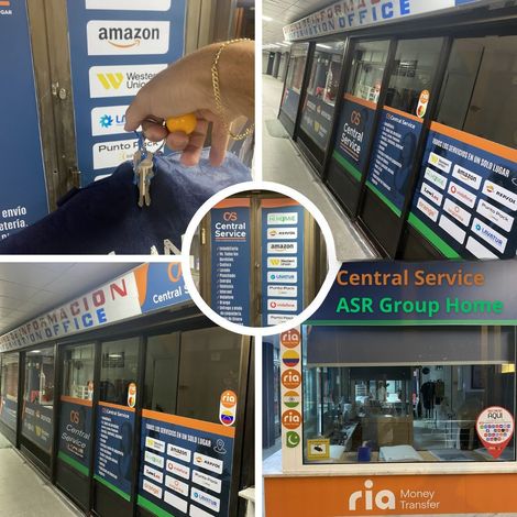 Collage: anuncios, estación central, oficina de servicio y servicio de transferencia de dinero