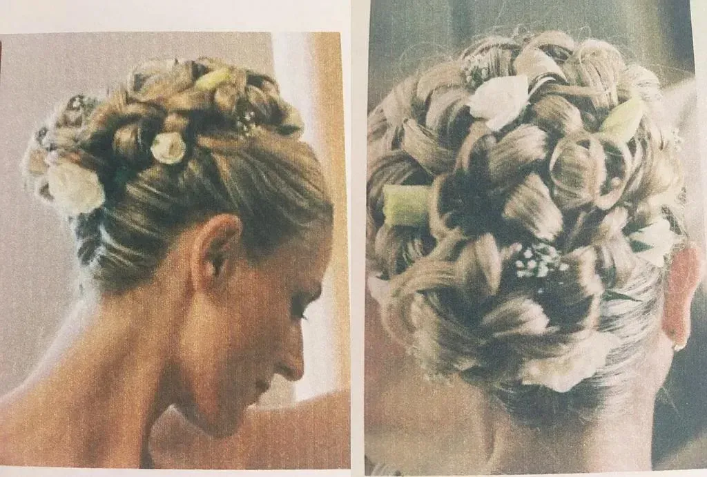 2 photos chignon marié avec tresse et fleurs