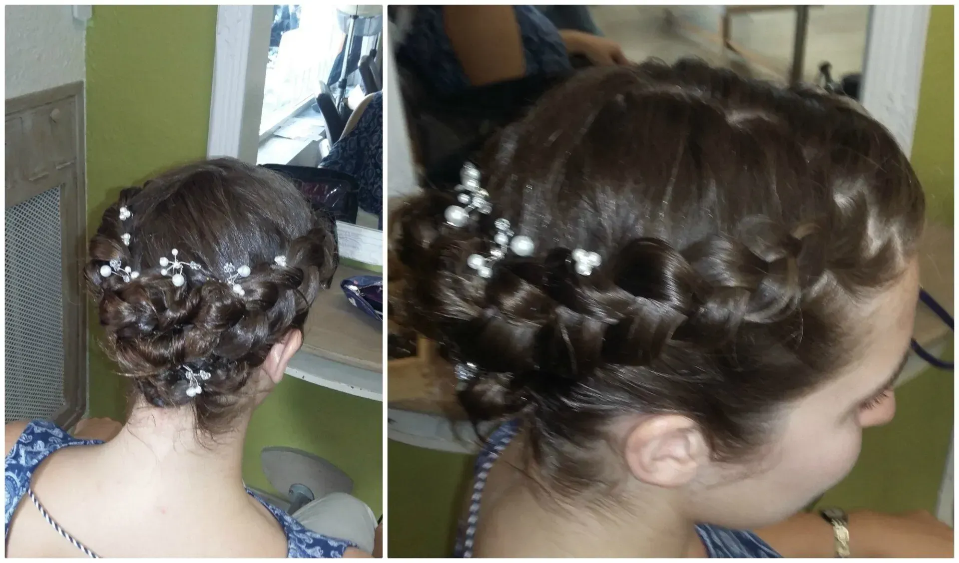 2 photos chignon avec tresse fille avec fleurs blanches