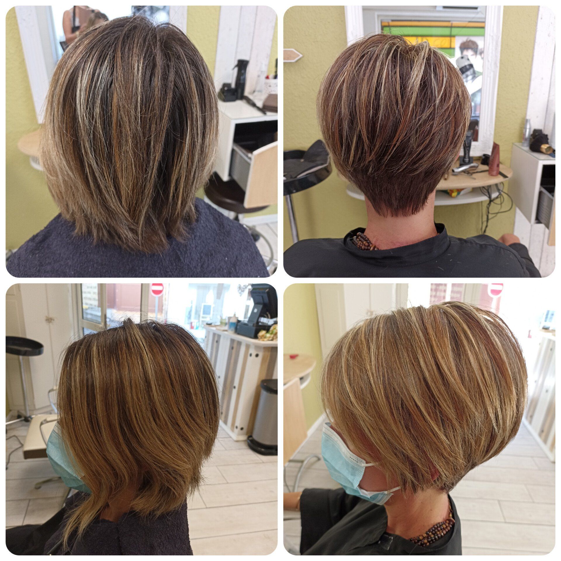 4 photos avec coupe et mèches blondes