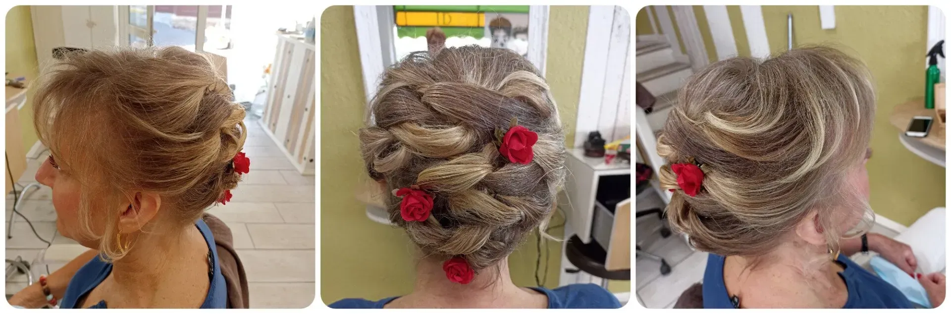 3 photos chignon avec fleurs rouges