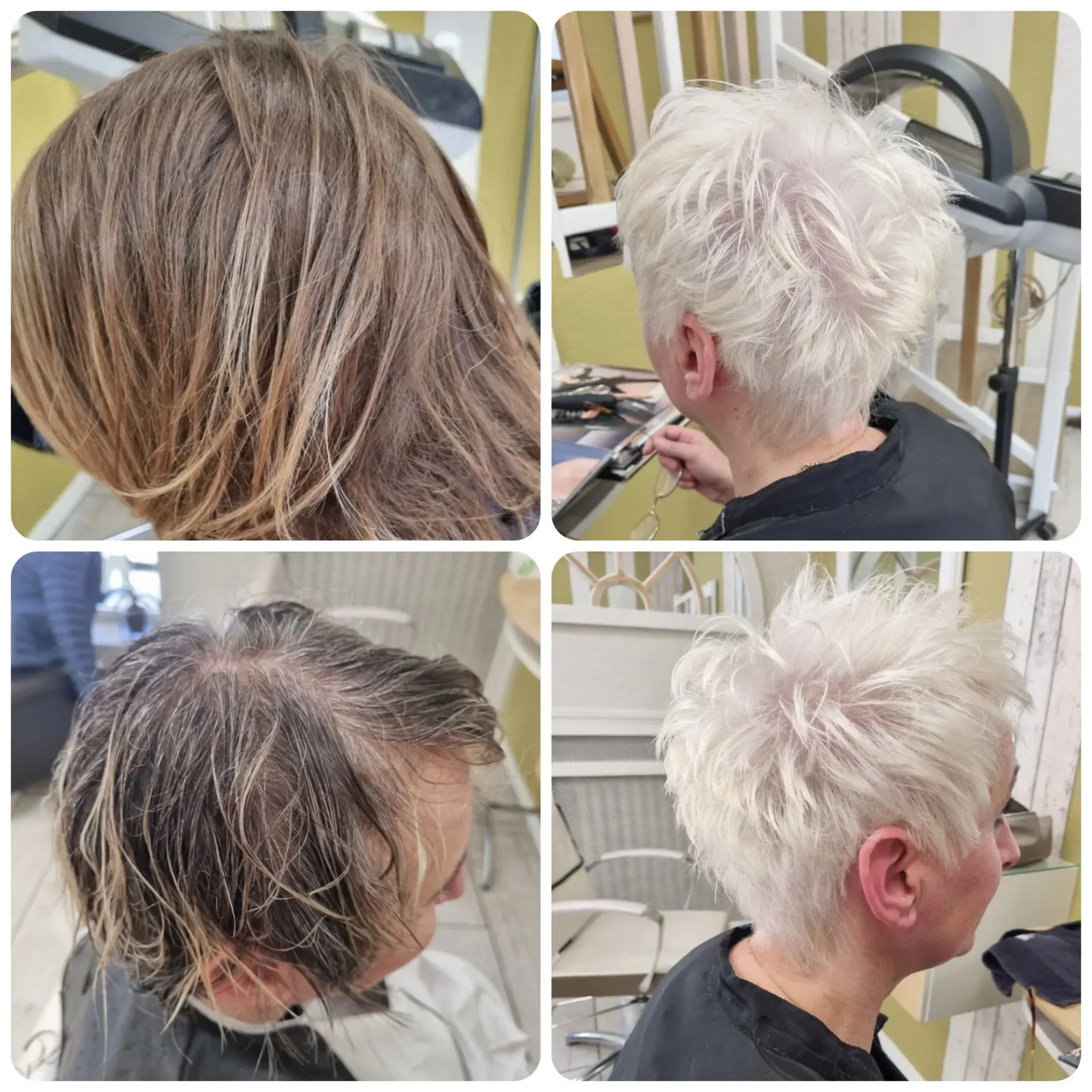 4 photos coupe avec coloration blond platine