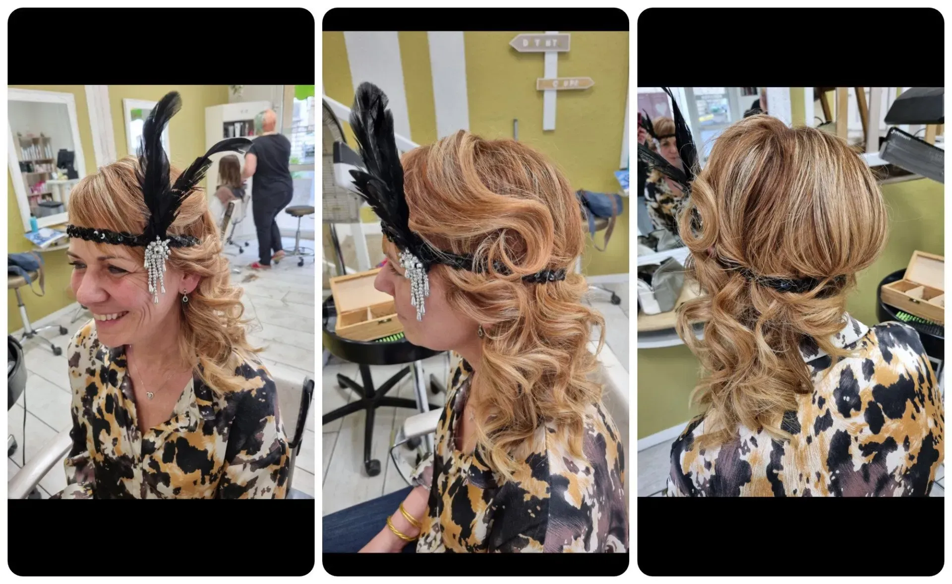 3 photos coiffure avec deux plumes sur le côté