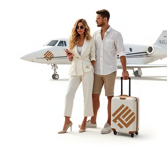 Un hombre y una mujer de pie frente a un jet privado.