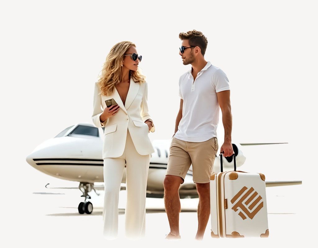 Un hombre y una mujer de pie uno al lado del otro con equipaje.