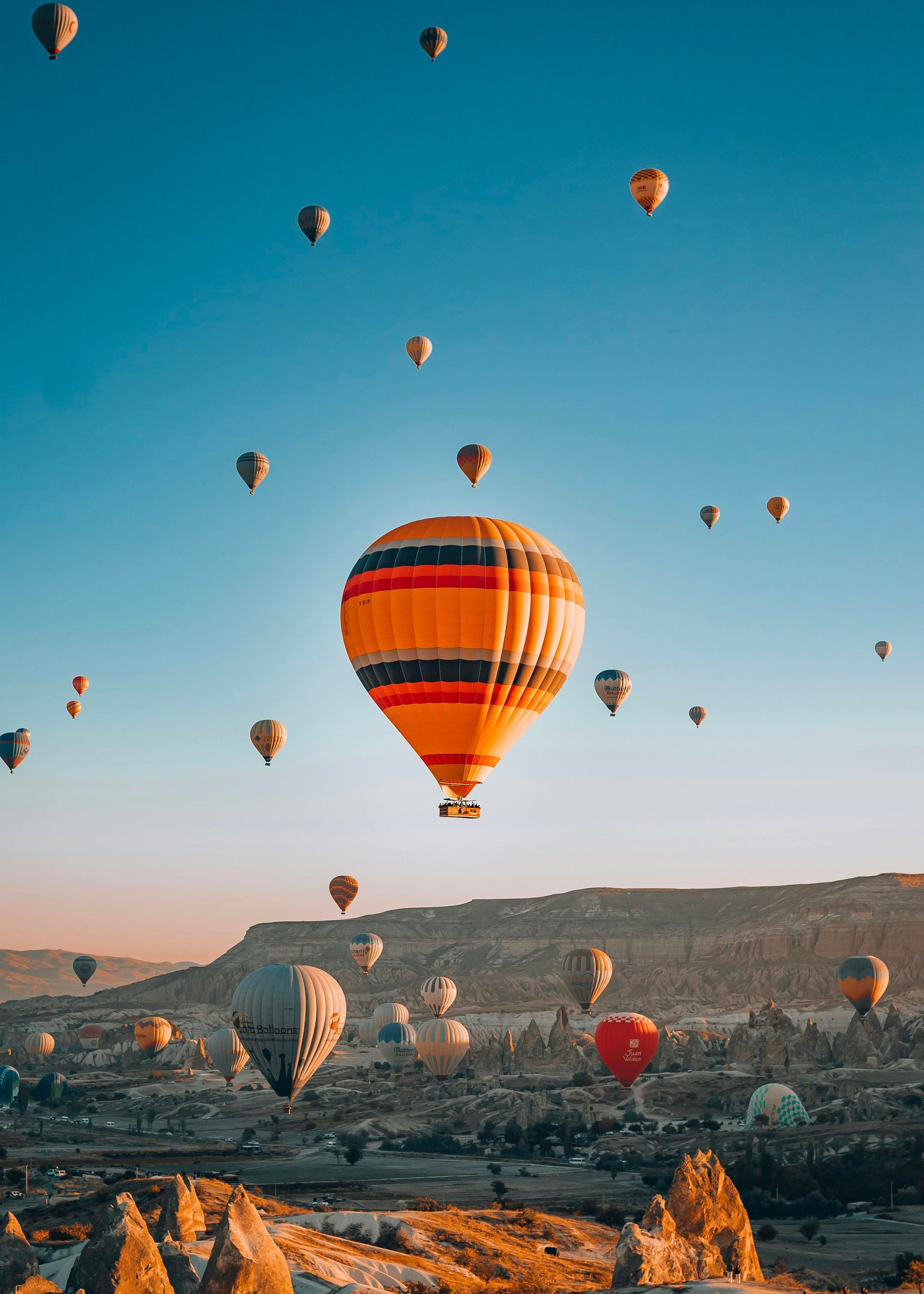 Un montón de globos aerostáticos vuelan sobre un paisaje rocoso.