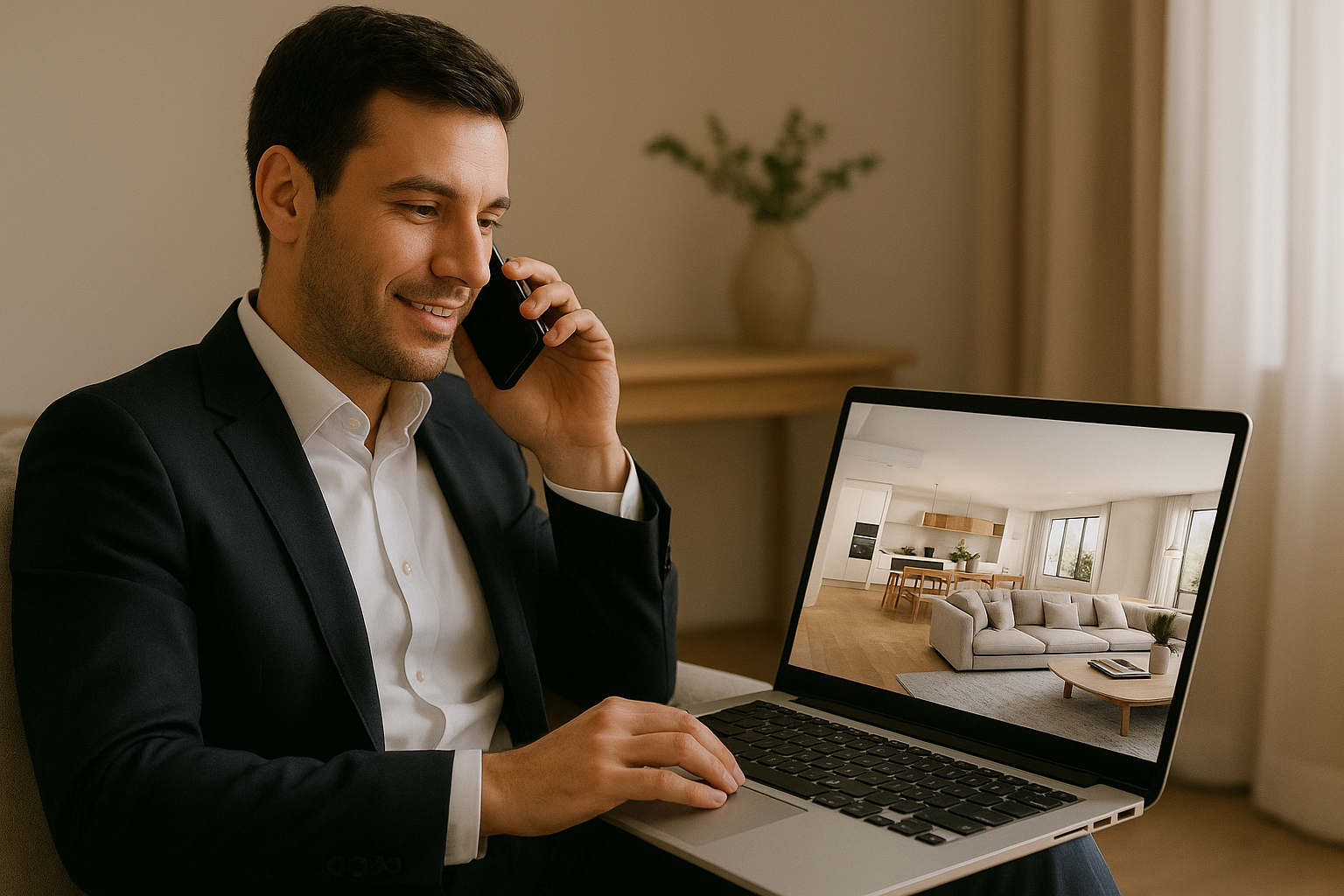 Professionista in abito elegante seduto in soggiorno mentre parla al telefono e osserva sul laptop un appartamento moderno e luminoso, simbolo del servizio di assistenza personalizzata di Exclusive Italia Host per prenotazioni e consulenze dedicate.