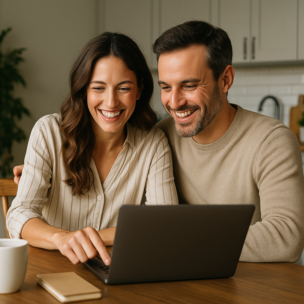 Donna seduta sul divano mentre consulta il laptop con immagini di appartamenti e ville italiane, rappresentazione realistica della scelta dell’alloggio perfetto con Exclusive Italia Host, esperienza di prenotazione intuitiva e orientata alla qualità.