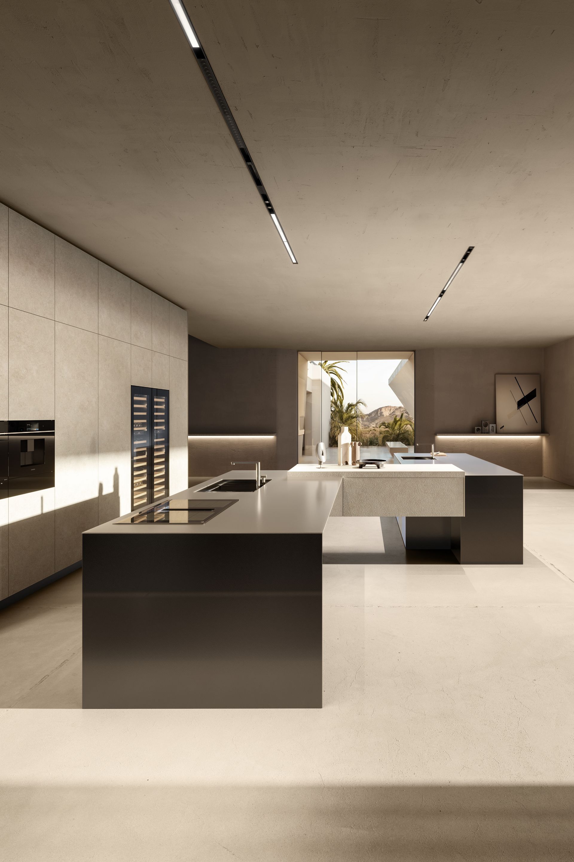 Cocina moderna con encimeras oscuras, paredes claras, isla y ventanal.